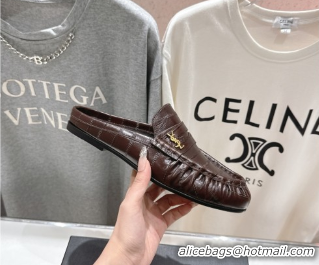 Durable Saint Laurent Le Loafers Mules in Eel Embossed Leather Brown 0424038
