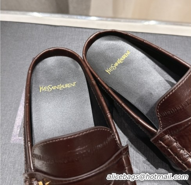 Durable Saint Laurent Le Loafers Mules in Eel Embossed Leather Brown 0424038