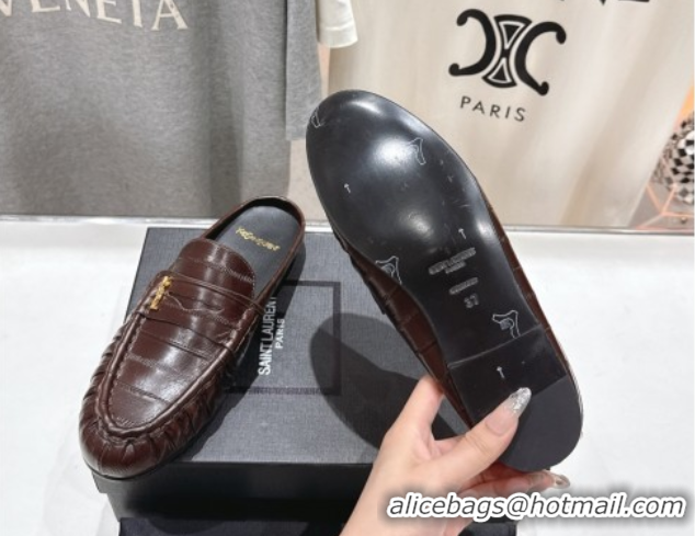 Durable Saint Laurent Le Loafers Mules in Eel Embossed Leather Brown 0424038