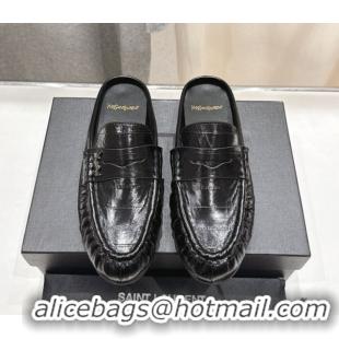 Luxury Discount Saint Laurent Le Loafers Mules in Eel Embossed Leather Black 0424039