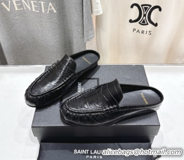 Luxury Discount Saint Laurent Le Loafers Mules in Eel Embossed Leather Black 0424039