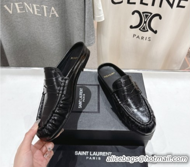 Luxury Discount Saint Laurent Le Loafers Mules in Eel Embossed Leather Black 0424039