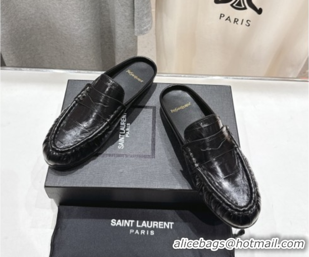Luxury Discount Saint Laurent Le Loafers Mules in Eel Embossed Leather Black 0424039