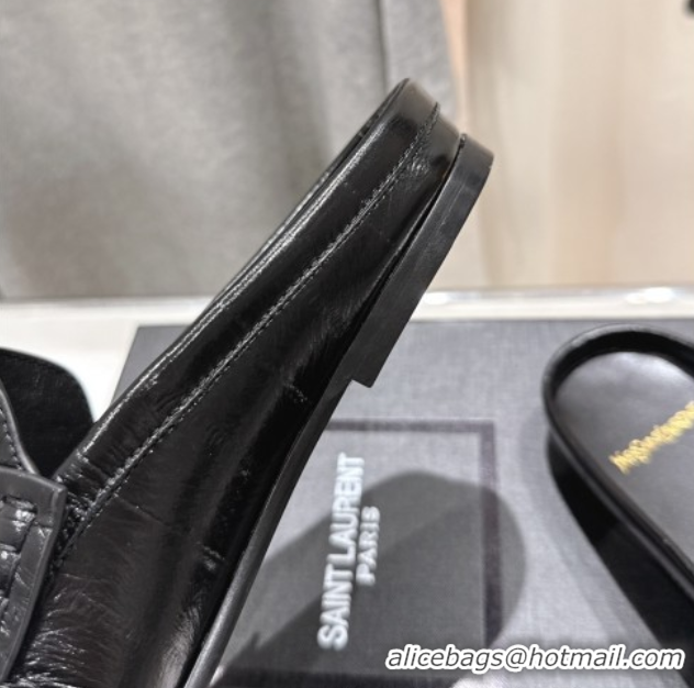 Luxury Discount Saint Laurent Le Loafers Mules in Eel Embossed Leather Black 0424039