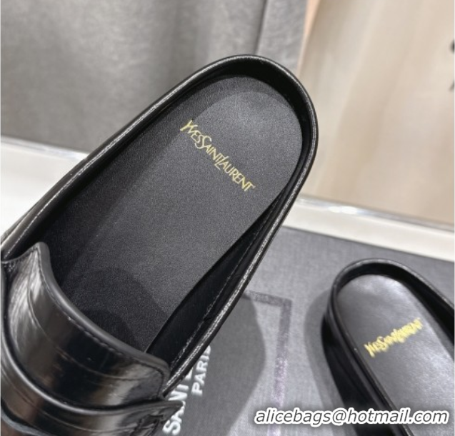 Luxury Discount Saint Laurent Le Loafers Mules in Eel Embossed Leather Black 0424039