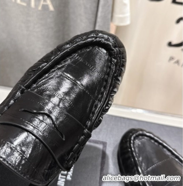 Luxury Discount Saint Laurent Le Loafers Mules in Eel Embossed Leather Black 0424039