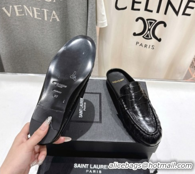Luxury Discount Saint Laurent Le Loafers Mules in Eel Embossed Leather Black 0424039