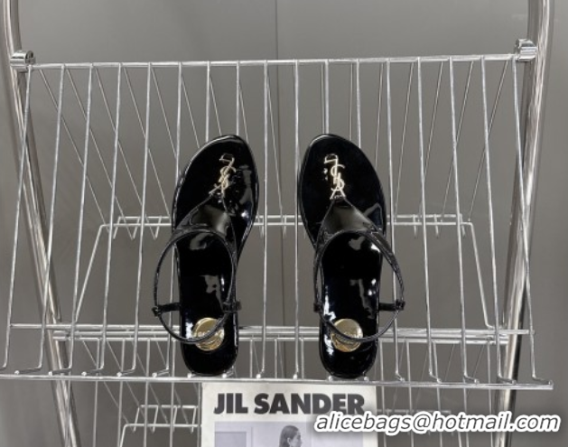 Best Price Saint Laurent Cassandre Flat Thong Sandals in Patent Leather Black 0424042