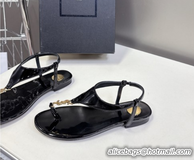 Best Price Saint Laurent Cassandre Flat Thong Sandals in Patent Leather Black 0424042