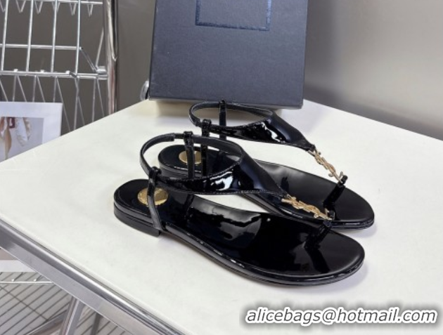 Best Price Saint Laurent Cassandre Flat Thong Sandals in Patent Leather Black 0424042