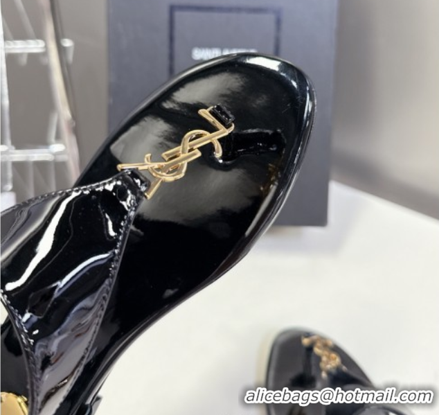 Best Price Saint Laurent Cassandre Flat Thong Sandals in Patent Leather Black 0424042