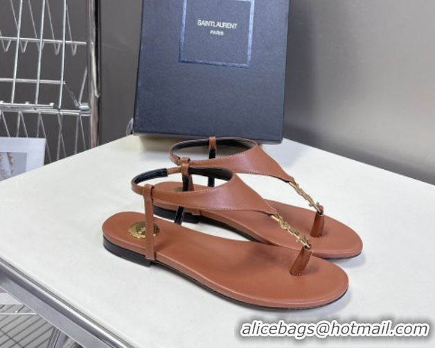 Perfect Saint Laurent Cassandre Flat Thong Sandals in Smooth Leather Brown 0424043