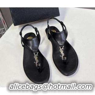 Purchase Saint Laurent Cassandre Flat Thong Sandals in Smooth Leather Black 0424044