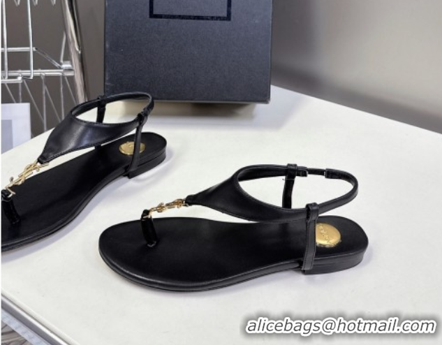 Purchase Saint Laurent Cassandre Flat Thong Sandals in Smooth Leather Black 0424044
