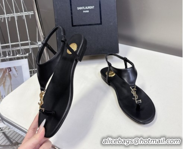 Purchase Saint Laurent Cassandre Flat Thong Sandals in Smooth Leather Black 0424044