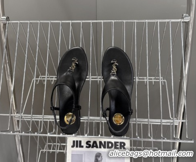 Purchase Saint Laurent Cassandre Flat Thong Sandals in Smooth Leather Black 0424044