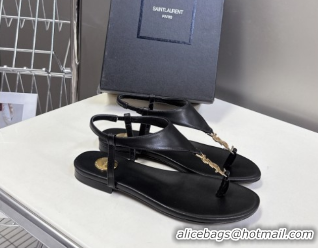 Purchase Saint Laurent Cassandre Flat Thong Sandals in Smooth Leather Black 0424044