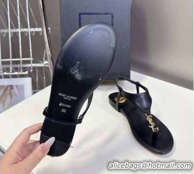 Purchase Saint Laurent Cassandre Flat Thong Sandals in Smooth Leather Black 0424044