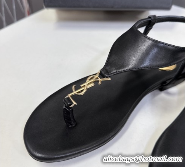 Purchase Saint Laurent Cassandre Flat Thong Sandals in Smooth Leather Black 0424044