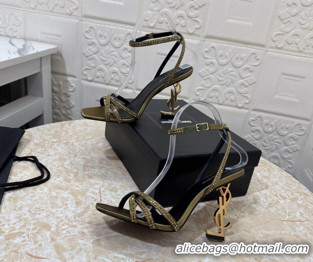 Grade Quality Saint Laurent Opyum YSL Heel Sandals 10.5cm in Satin and Strass Green 0424045