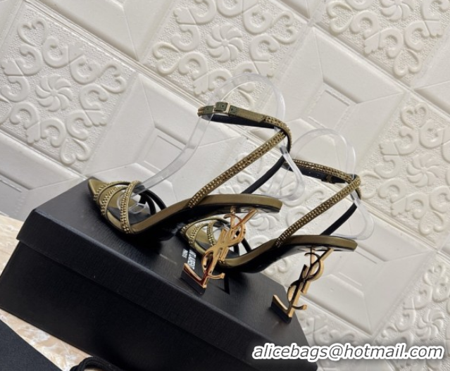 Grade Quality Saint Laurent Opyum YSL Heel Sandals 10.5cm in Satin and Strass Green 0424045