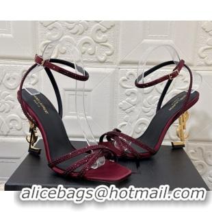 Low Price Saint Laurent Opyum YSL Heel Sandals 10.5cm in Satin and Strass Burgundy 0424047