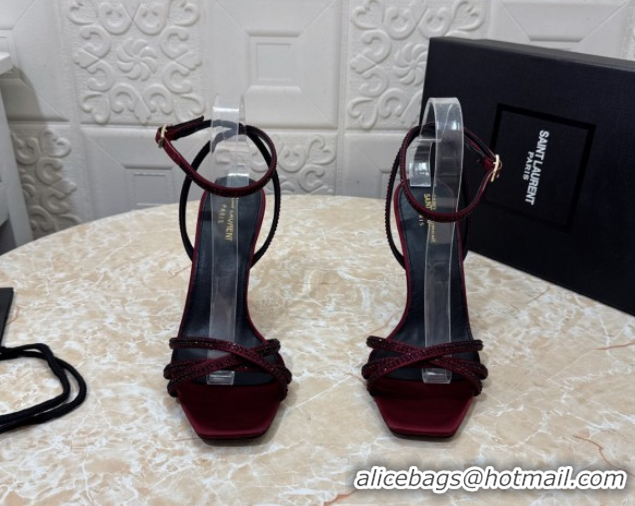 Low Price Saint Laurent Opyum YSL Heel Sandals 10.5cm in Satin and Strass Burgundy 0424047