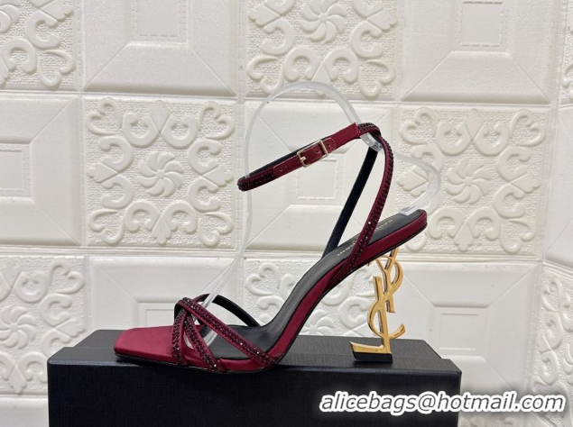 Low Price Saint Laurent Opyum YSL Heel Sandals 10.5cm in Satin and Strass Burgundy 0424047