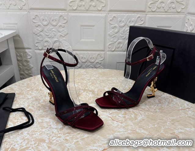 Low Price Saint Laurent Opyum YSL Heel Sandals 10.5cm in Satin and Strass Burgundy 0424047
