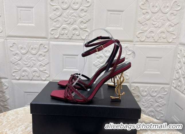Low Price Saint Laurent Opyum YSL Heel Sandals 10.5cm in Satin and Strass Burgundy 0424047