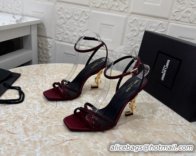 Low Price Saint Laurent Opyum YSL Heel Sandals 10.5cm in Satin and Strass Burgundy 0424047
