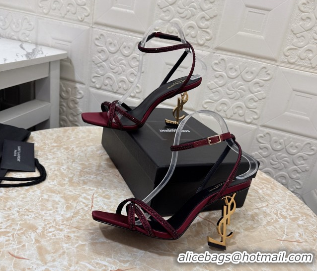 Low Price Saint Laurent Opyum YSL Heel Sandals 10.5cm in Satin and Strass Burgundy 0424047