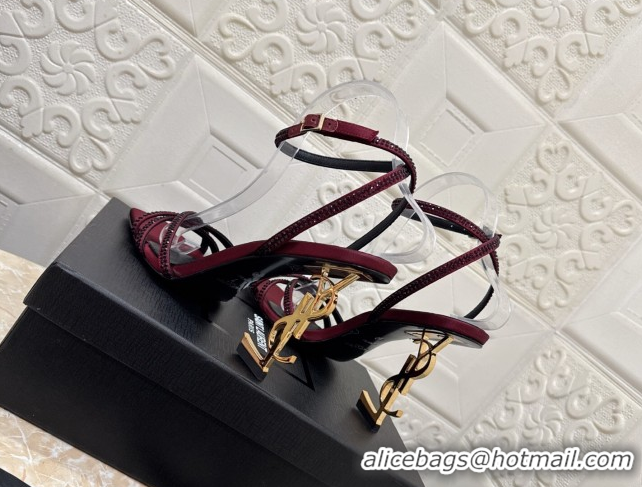 Low Price Saint Laurent Opyum YSL Heel Sandals 10.5cm in Satin and Strass Burgundy 0424047