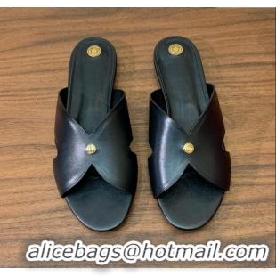 Luxury Cheap Loro Piana Vera Flat Sandal in Calfskin LP060528 Black 2025