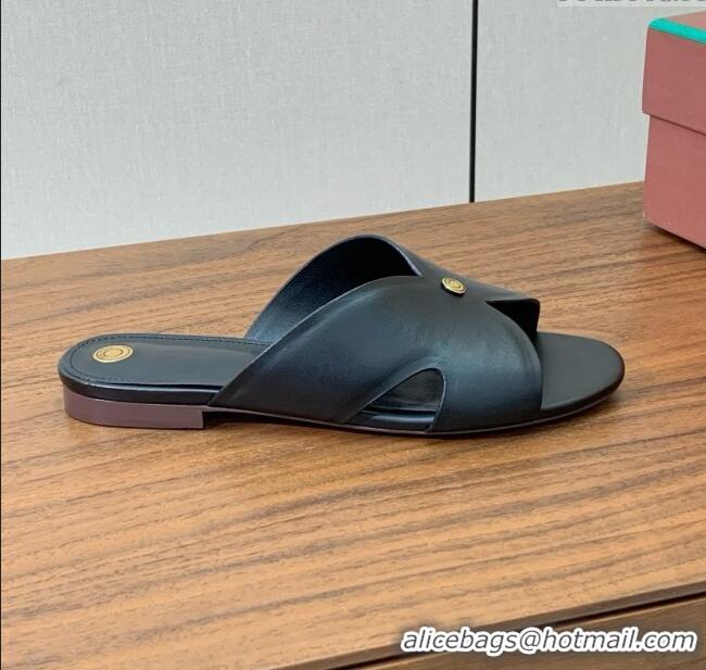 Luxury Cheap Loro Piana Vera Flat Sandal in Calfskin LP060528 Black 2025