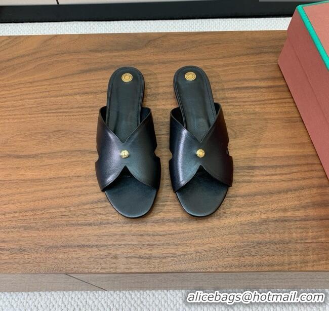 Luxury Cheap Loro Piana Vera Flat Sandal in Calfskin LP060528 Black 2025