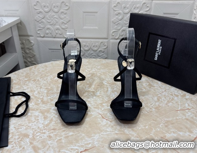 Unique Style Saint Laurent Harlow Heeled Sandals 10.5cm in Satin with Strass and Stone Black 0424049