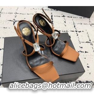 Good Looking Saint Laurent Harlow Heeled Sandals 10cm in Satin with Strass and Stone Brown 0424050