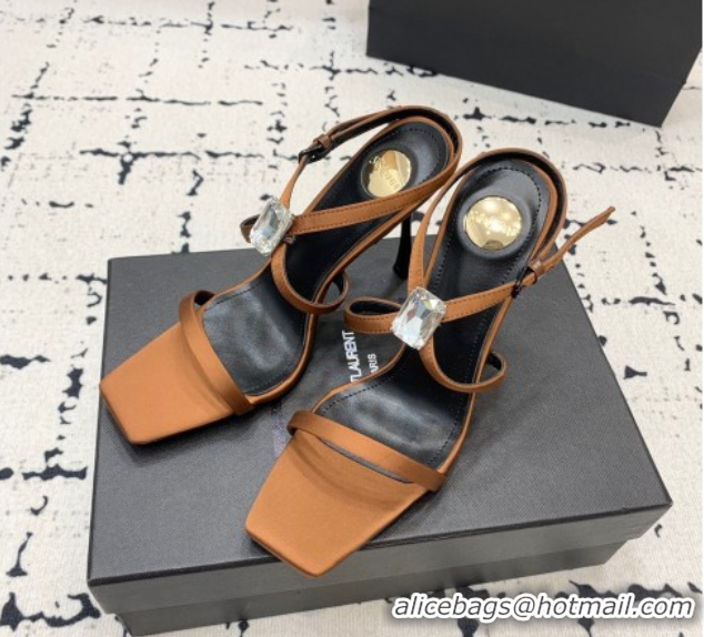 Good Looking Saint Laurent Harlow Heeled Sandals 10cm in Satin with Strass and Stone Brown 0424050