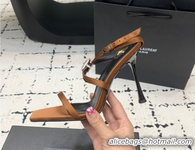 Good Looking Saint Laurent Harlow Heeled Sandals 10cm in Satin with Strass and Stone Brown 0424050