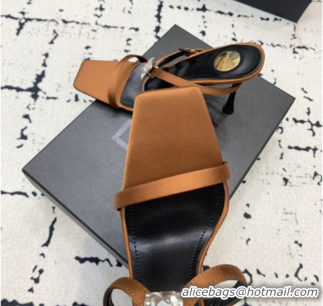 Good Looking Saint Laurent Harlow Heeled Sandals 10cm in Satin with Strass and Stone Brown 0424050