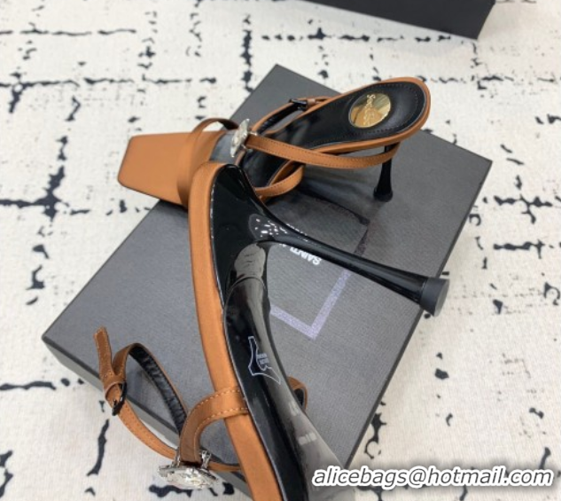 Good Looking Saint Laurent Harlow Heeled Sandals 10cm in Satin with Strass and Stone Brown 0424050