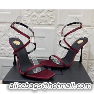 Best Product Saint Laurent Harlow Heeled Sandals 10.5cm in Satin with Strass and Stone Burgundy 0424051
