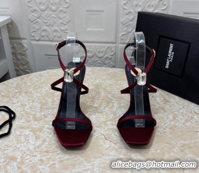 Best Product Saint Laurent Harlow Heeled Sandals 10.5cm in Satin with Strass and Stone Burgundy 0424051