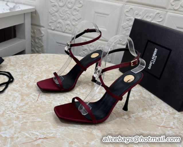 Best Product Saint Laurent Harlow Heeled Sandals 10.5cm in Satin with Strass and Stone Burgundy 0424051