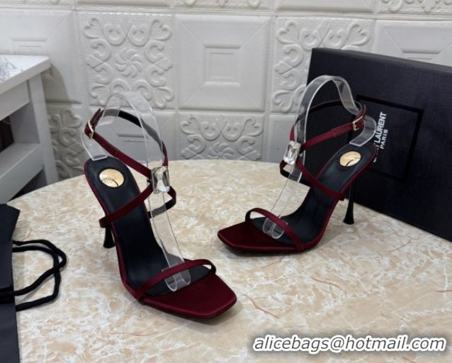 Best Product Saint Laurent Harlow Heeled Sandals 10.5cm in Satin with Strass and Stone Burgundy 0424051