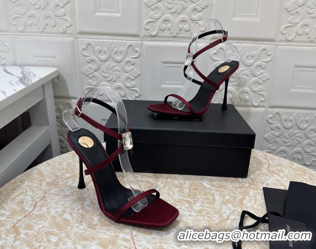 Best Product Saint Laurent Harlow Heeled Sandals 10.5cm in Satin with Strass and Stone Burgundy 0424051