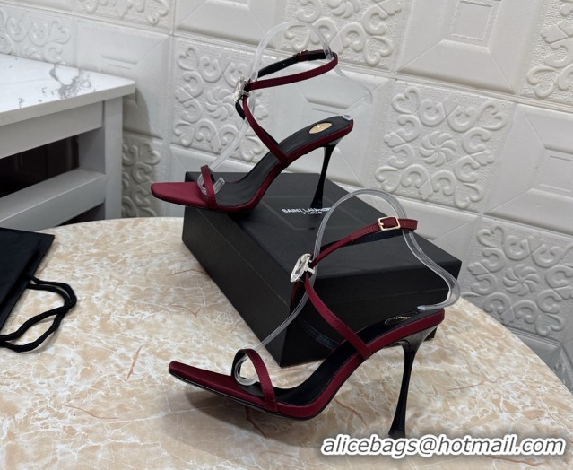 Best Product Saint Laurent Harlow Heeled Sandals 10.5cm in Satin with Strass and Stone Burgundy 0424051