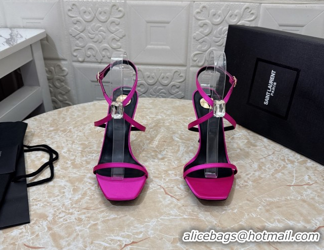 Pretty Style Saint Laurent Harlow Heeled Sandals 10.5cm in Satin with Strass and Stone Dark Pink 0424052