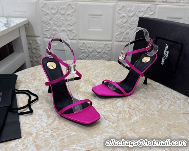 Pretty Style Saint Laurent Harlow Heeled Sandals 10.5cm in Satin with Strass and Stone Dark Pink 0424052